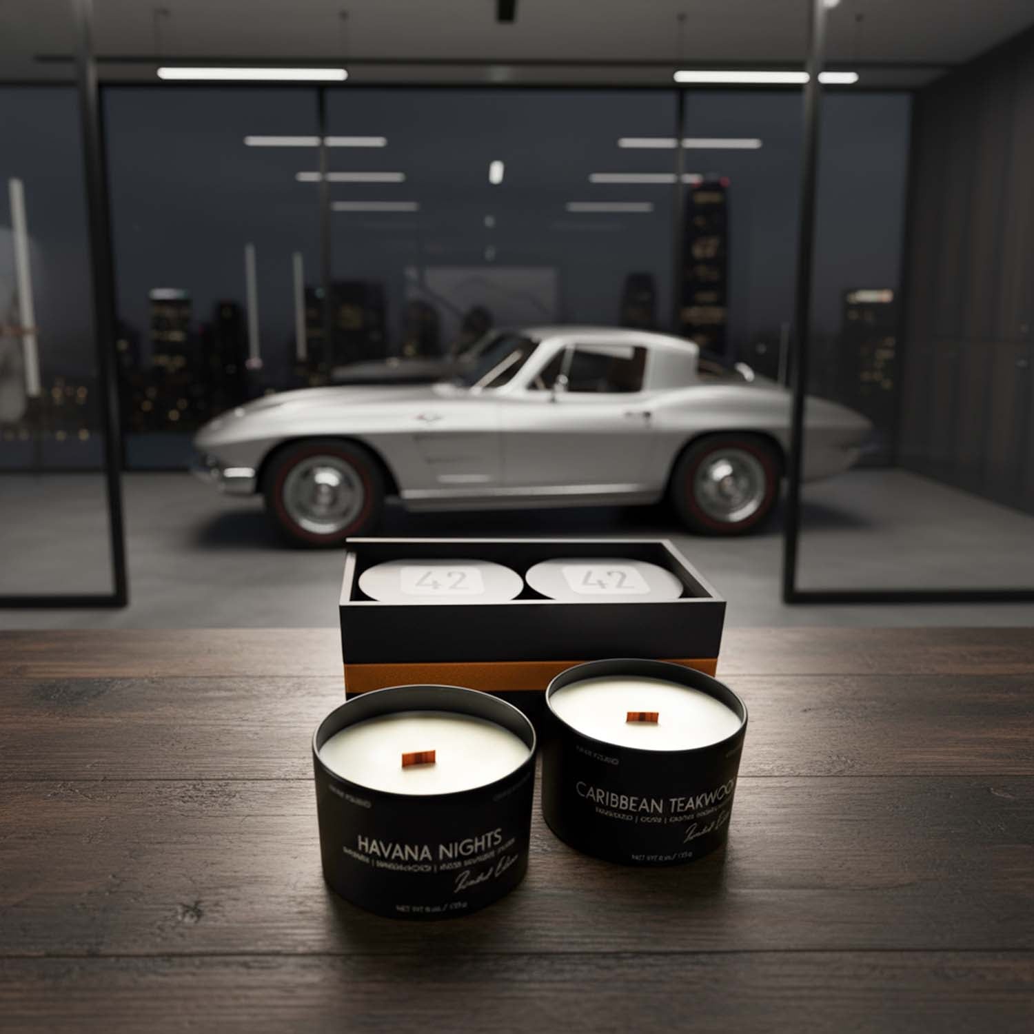 Two candles for men in black containers on a wooden surface with a car in the background.