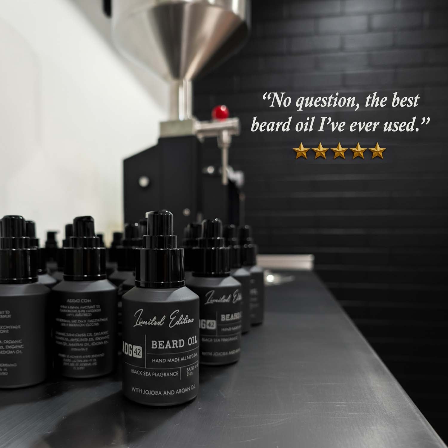 Row of beard oil bottles with a five-star rating text on a metallic surface.