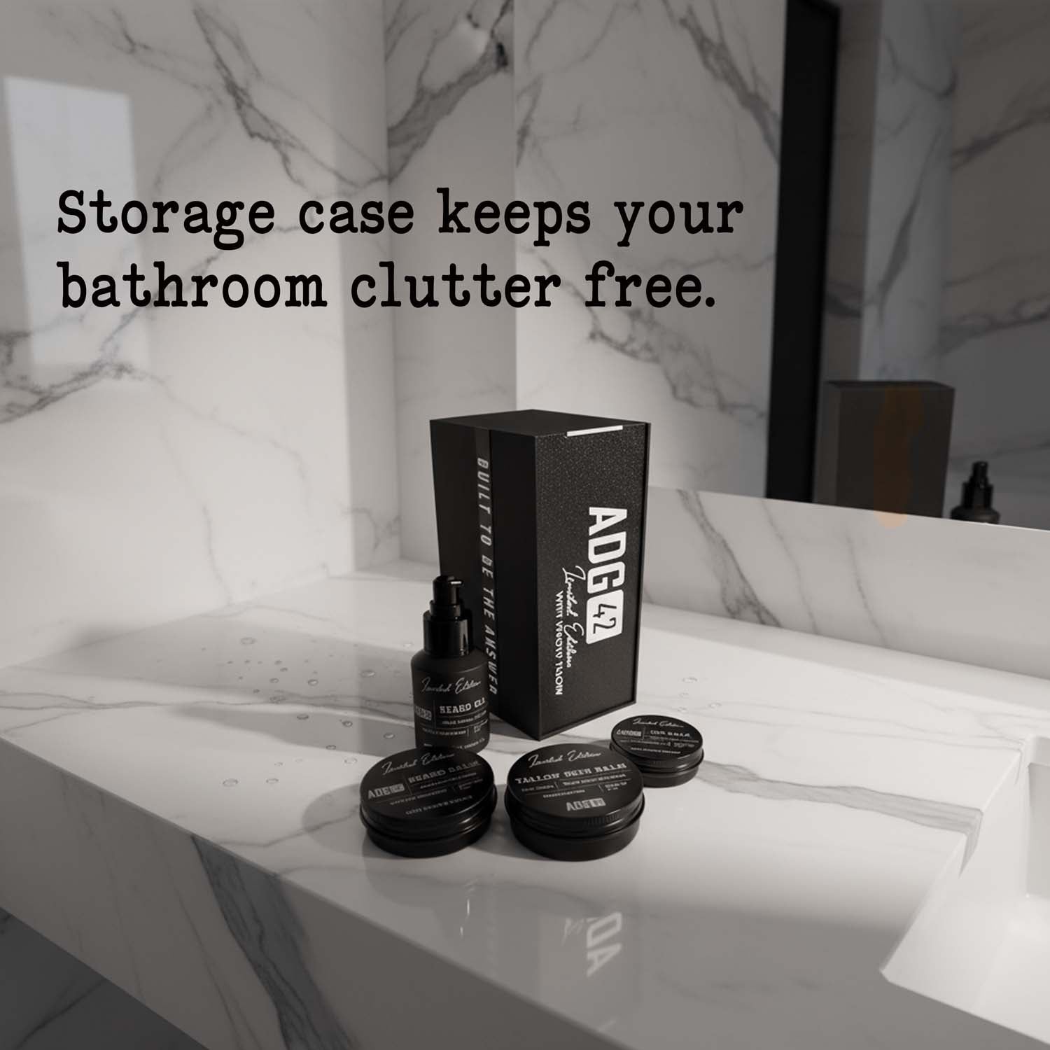 Storage case for men's bathroom items on a marble countertop.