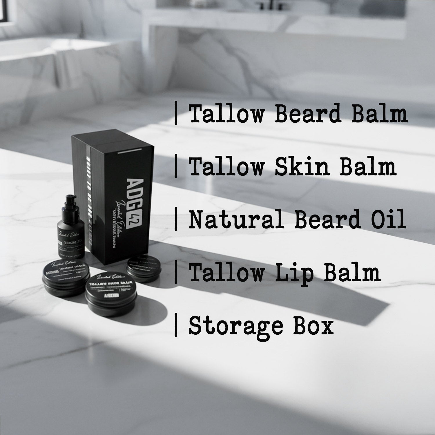 Collection of ADG42 beef tallow grooming products including balm, oil, and lip balm on a marble surface.
