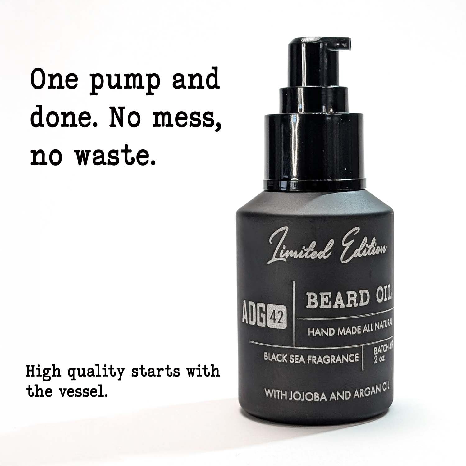 Black beard oil bottle with pump on a white background, featuring text about waste reduction and quality.