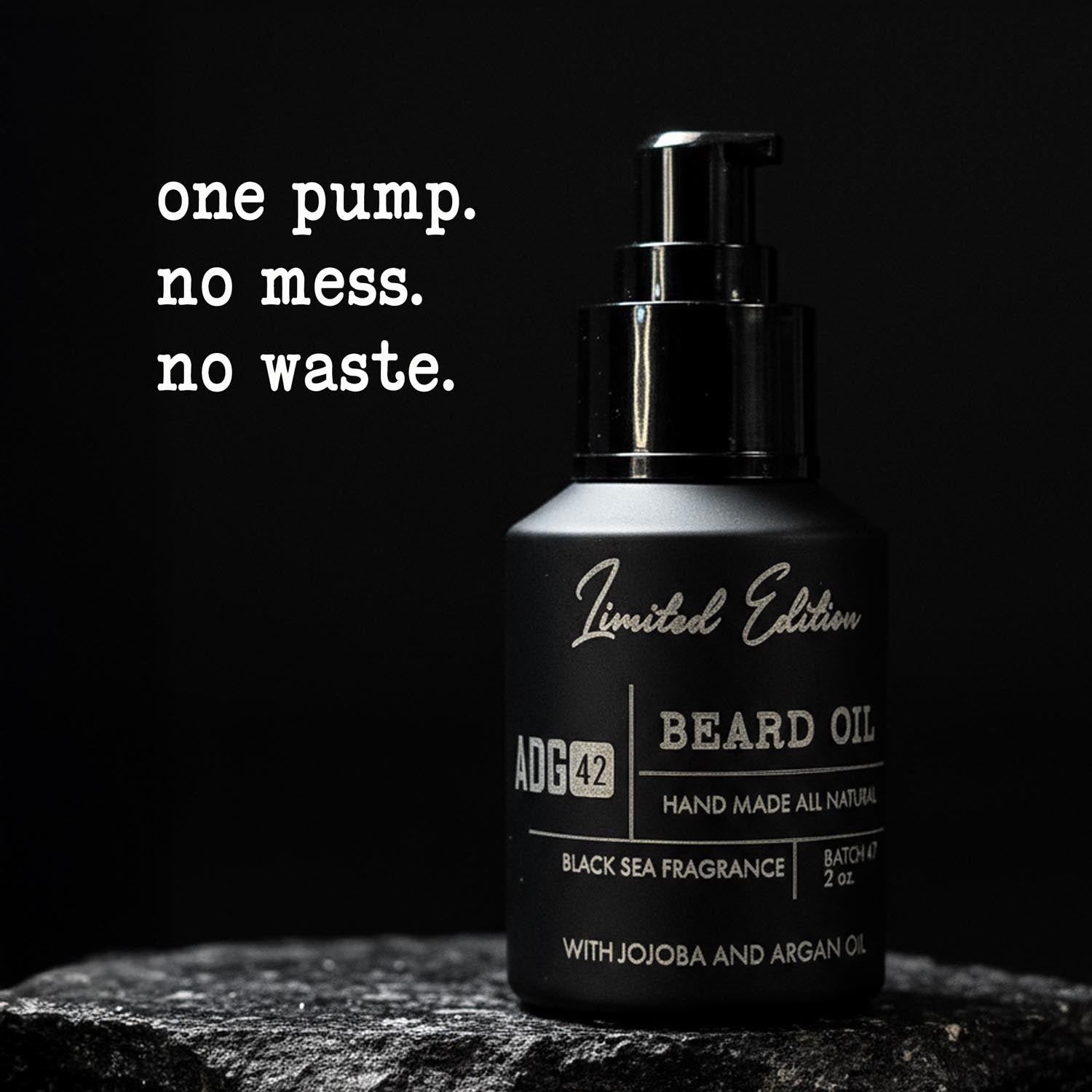 Black bottle of beard oil with pump on a dark background