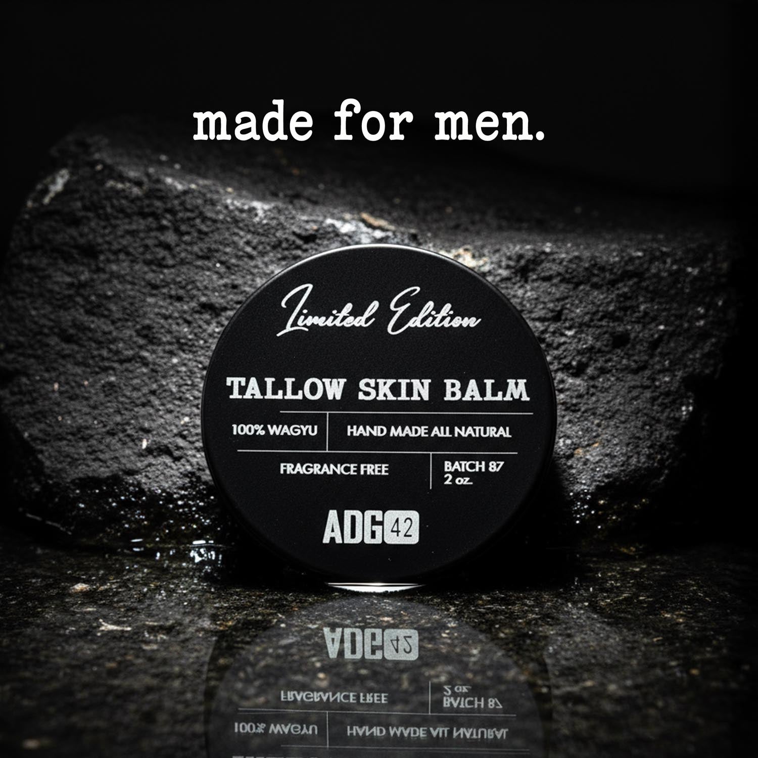 Tallow skin balm container with 'made for men' text on a dark background