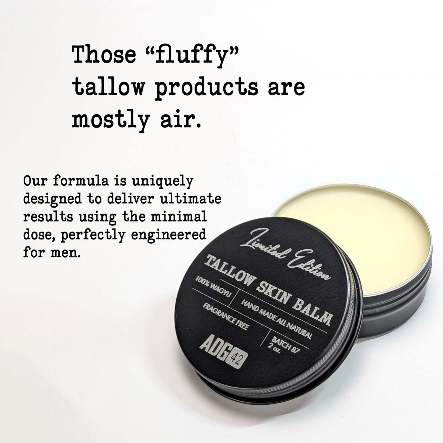 Tallow skin balm container with text on a white background