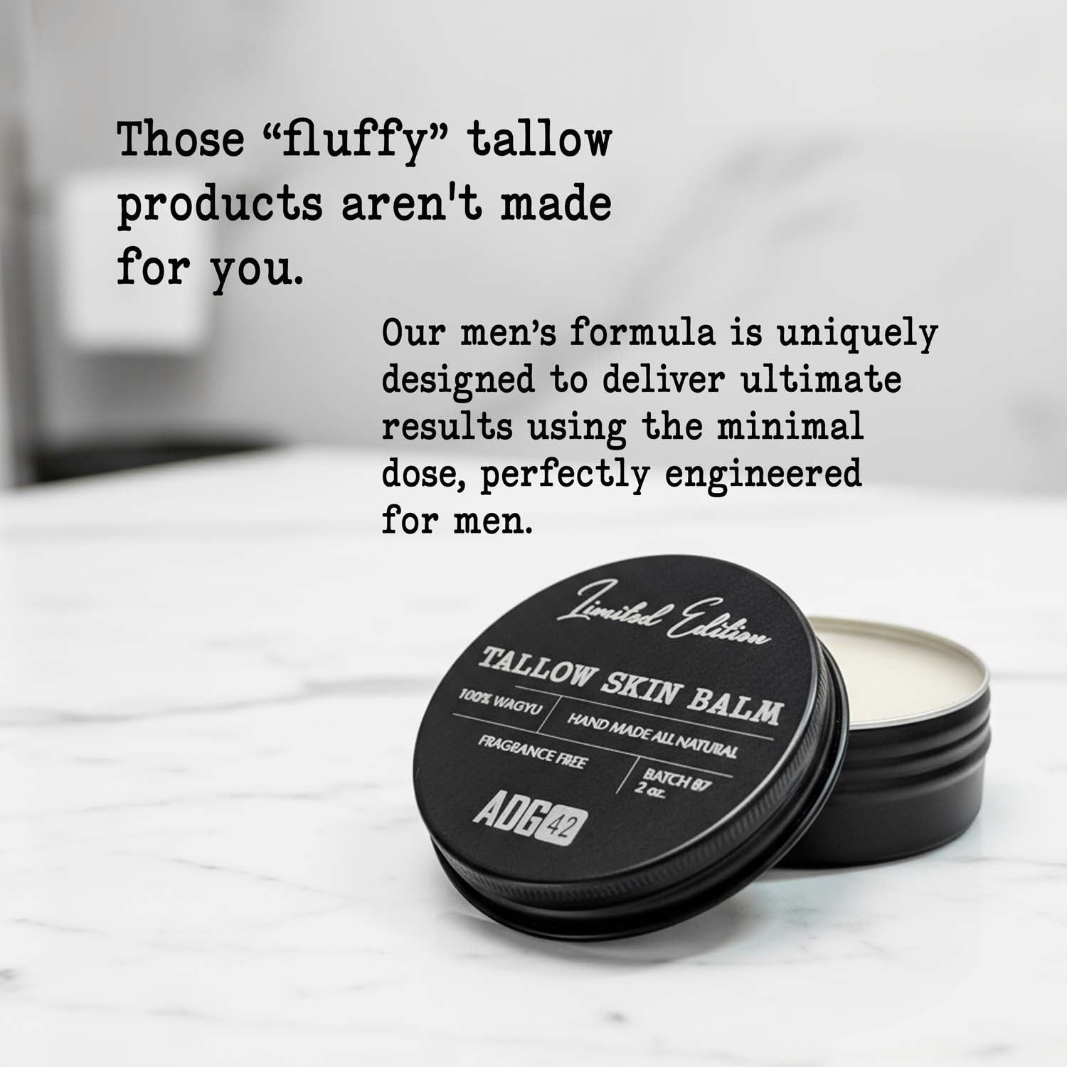 Tallow skin balm container with text on a white background