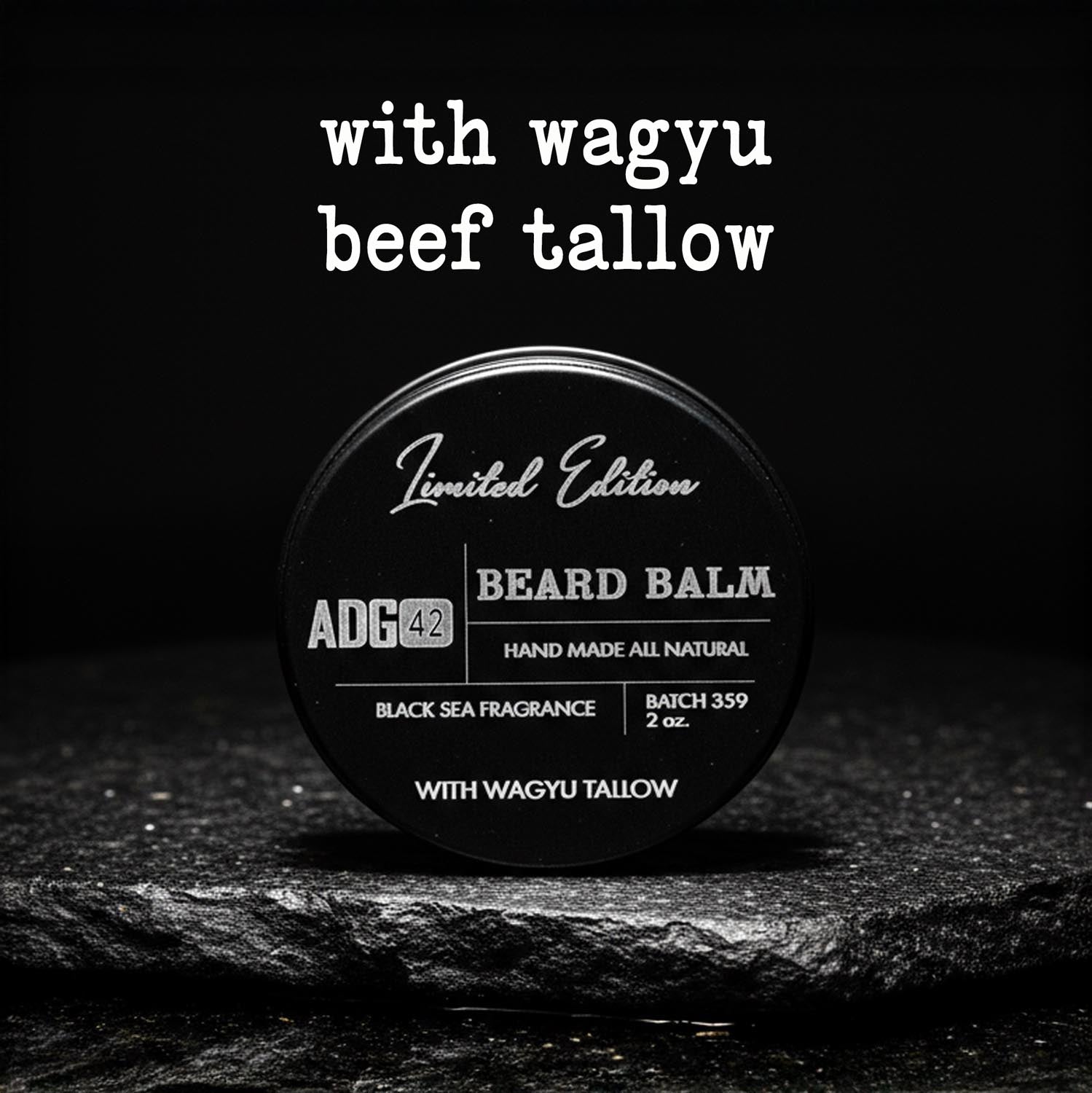 Beard balm container with 'ADG42' branding on a dark background