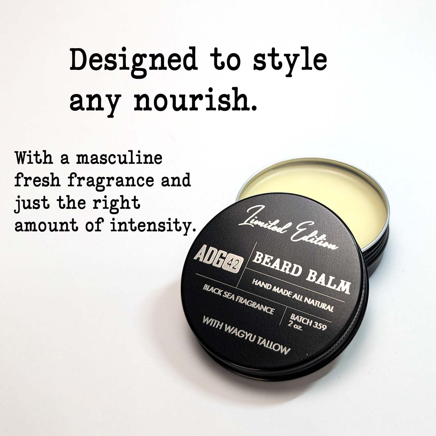 Tallow beard balm container on a white background