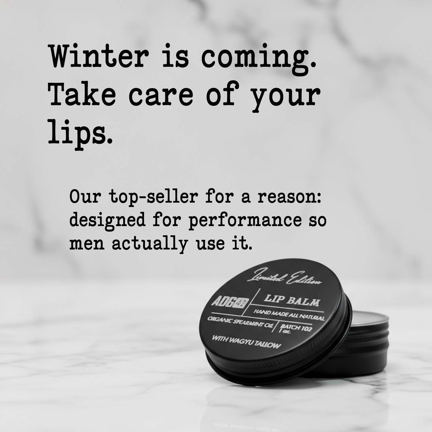 Lip balm container with text about lip care during winter