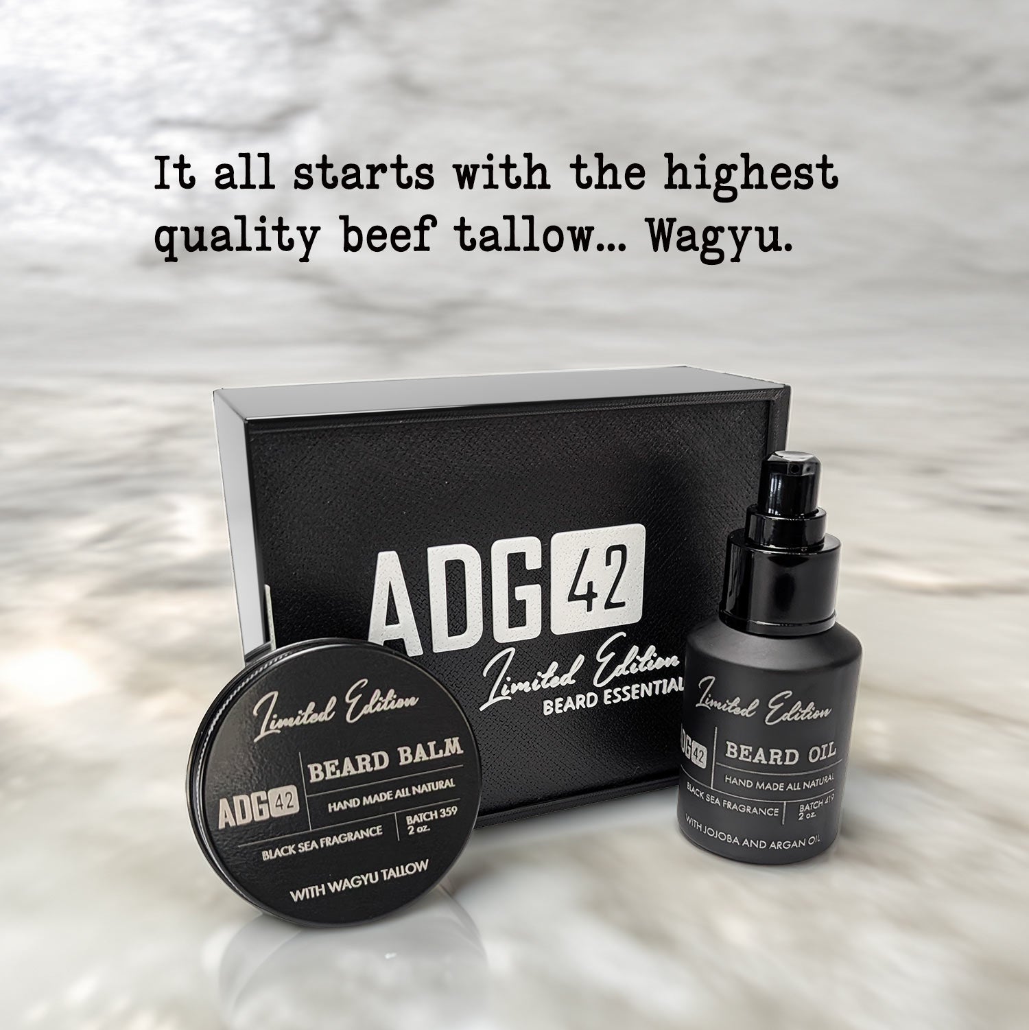 ADG42 beard care products including balm, oil, and packaging on a textured surface.