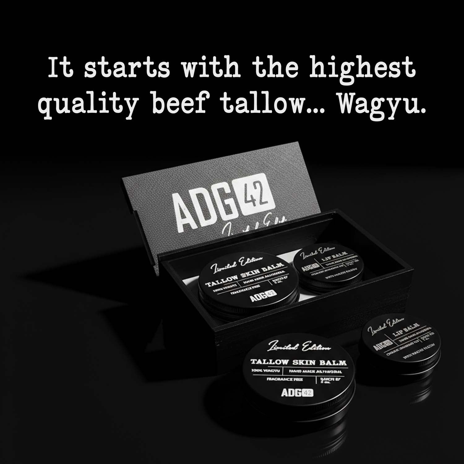 ADG42 Tallow Skin Balm set with text 'It starts with the highest quality beef tallow... Wagyu.'