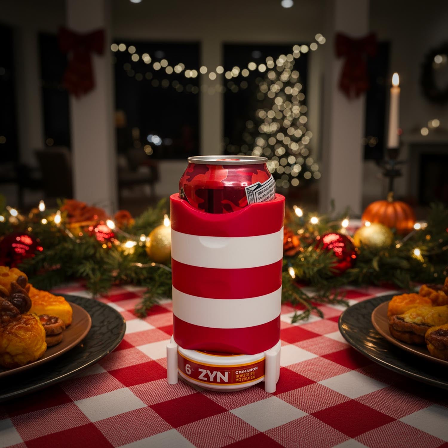 Red and white striped can cooler with a can on a festive table with Christmas decorations.