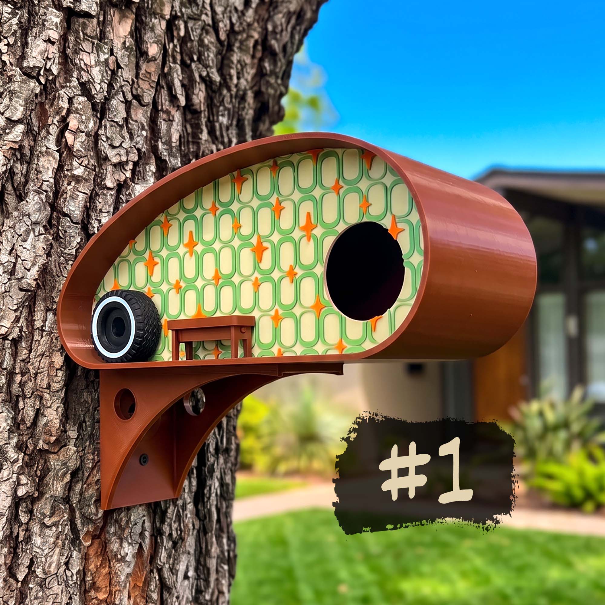 A brown mid century birdhouse mounted on a tree trunk outdoors, with a green and orange patterned interior.