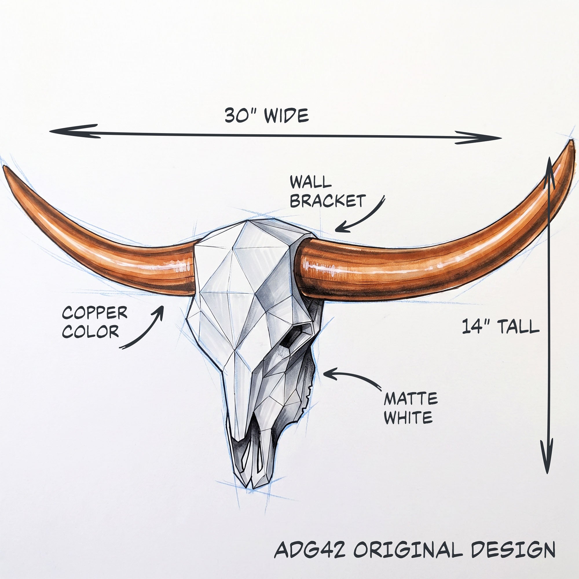 ADG42 Modern Large Steer Skull and Horns Wall Art | 30"