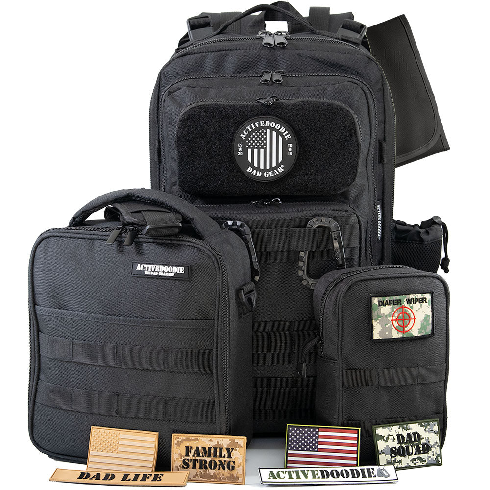 Dad Diaper Bag with lunch bag, wipes pouch and morale patches for dad