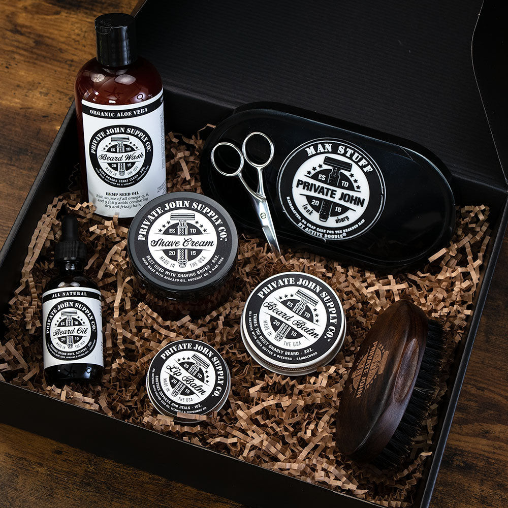 Photograph of a beard grooming kit in a gift box
