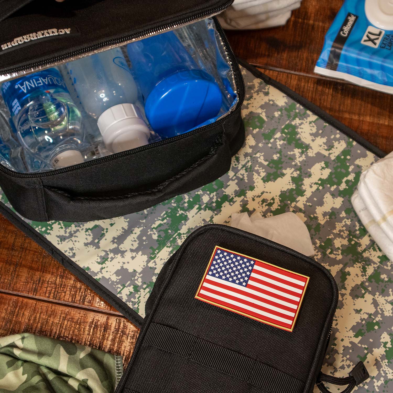 baby wipes pouch laying on a dad diaper bag waterproof changing mat