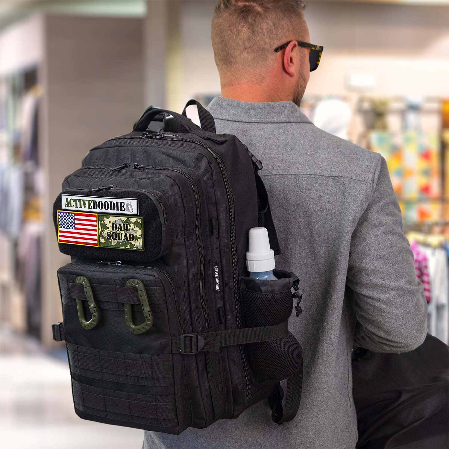 Active Doodie® JUG.30L Dad Diaper Bag Backpack with Green D-Rings and Dad Squad Patches - Black