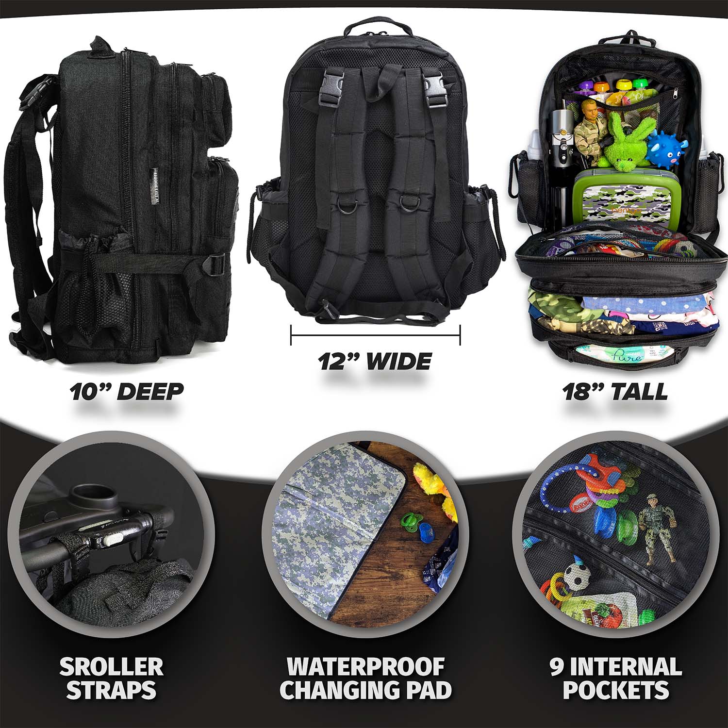 Active Doodie® JUG.30L Dad Diaper Bag Backpack with Green D-Rings and Dad Squad Patches - Black