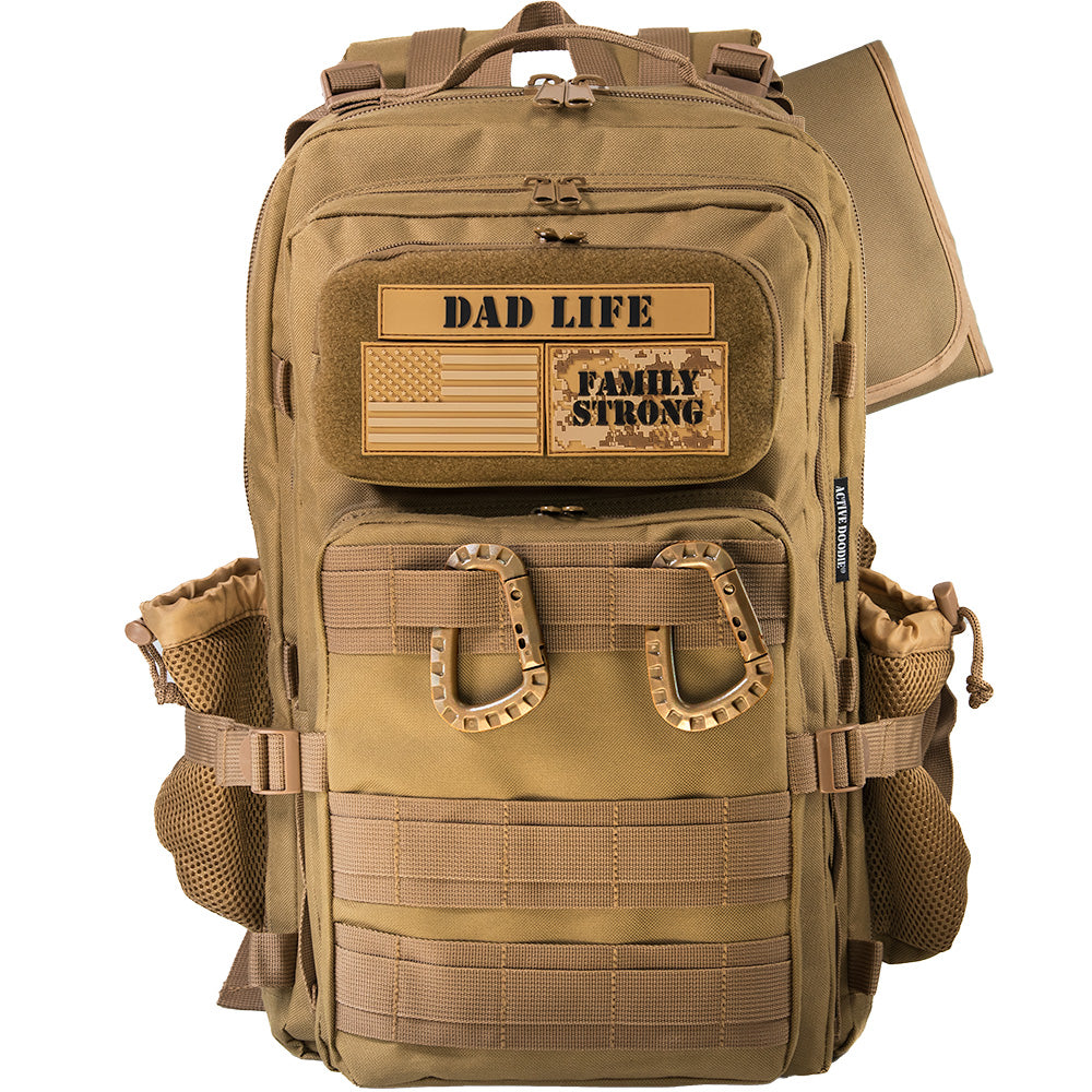 Active Doodie® JUG.30L Dad Diaper Bag Backpack with Tan D-Rings and Dad Life Patches - Tan
