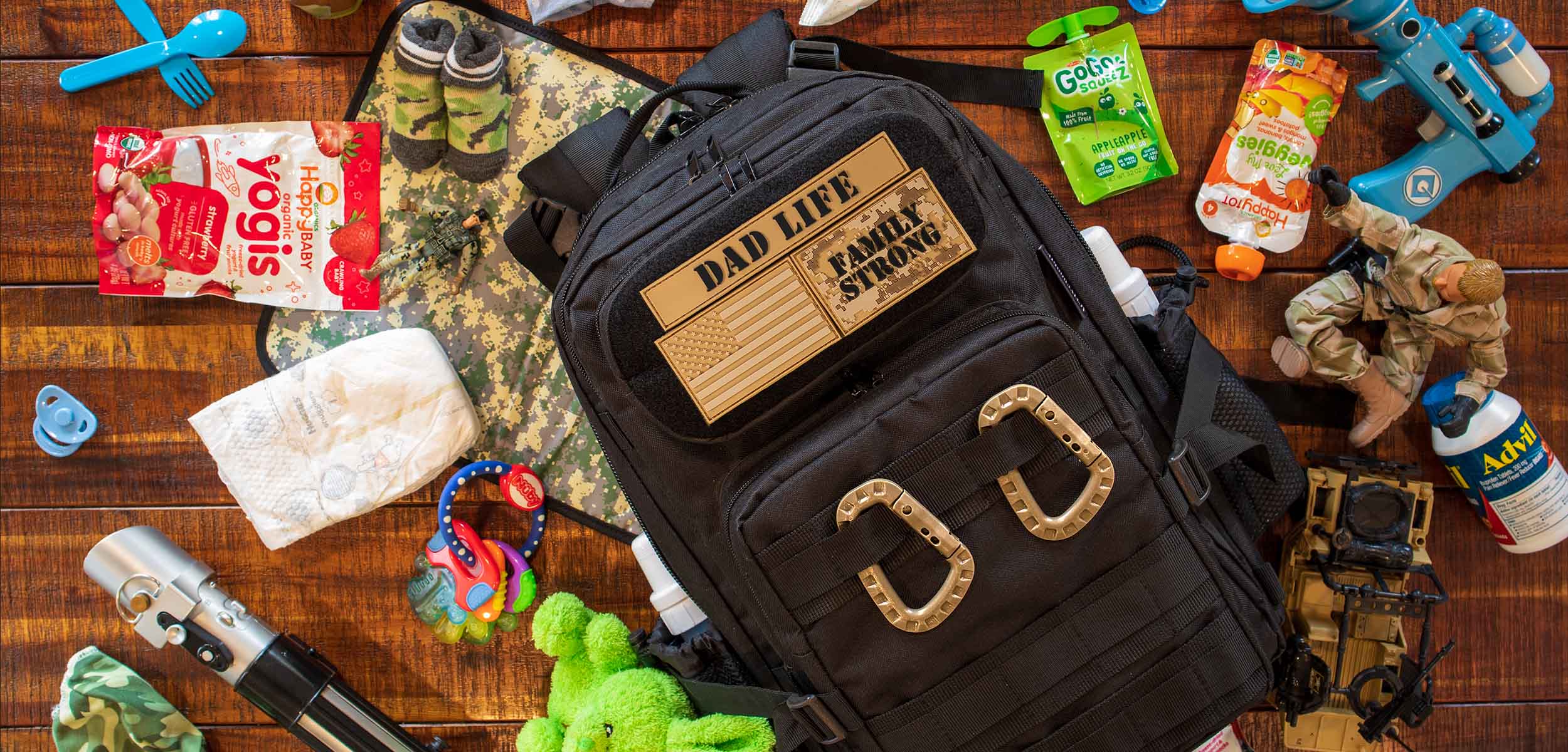 Dad Diaper Bag Features with Dad Life Morale Patches