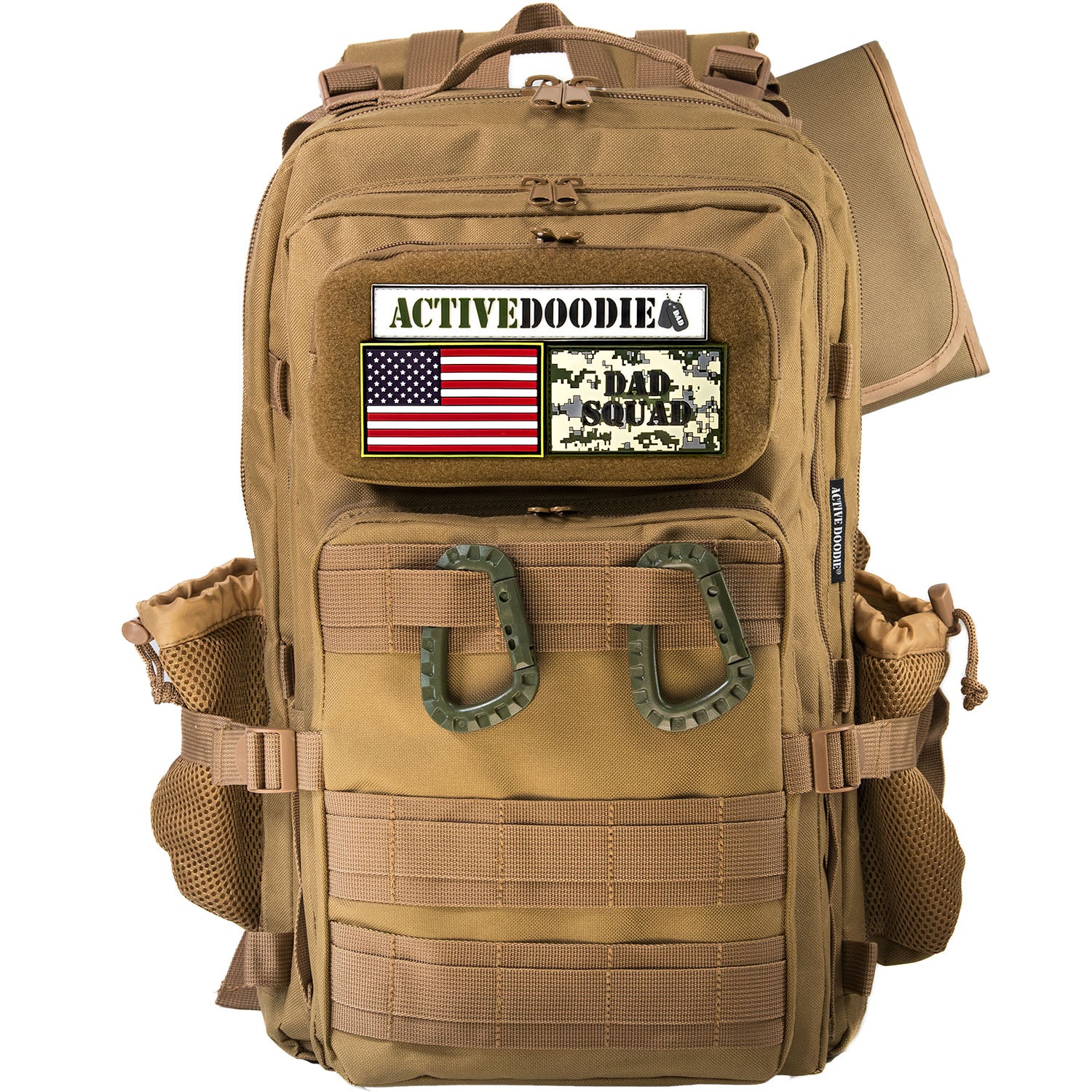 Active Doodie® JUG.30L Dad Diaper Bag Backpack with Green D-Rings and Dad Squad Patches - Tan