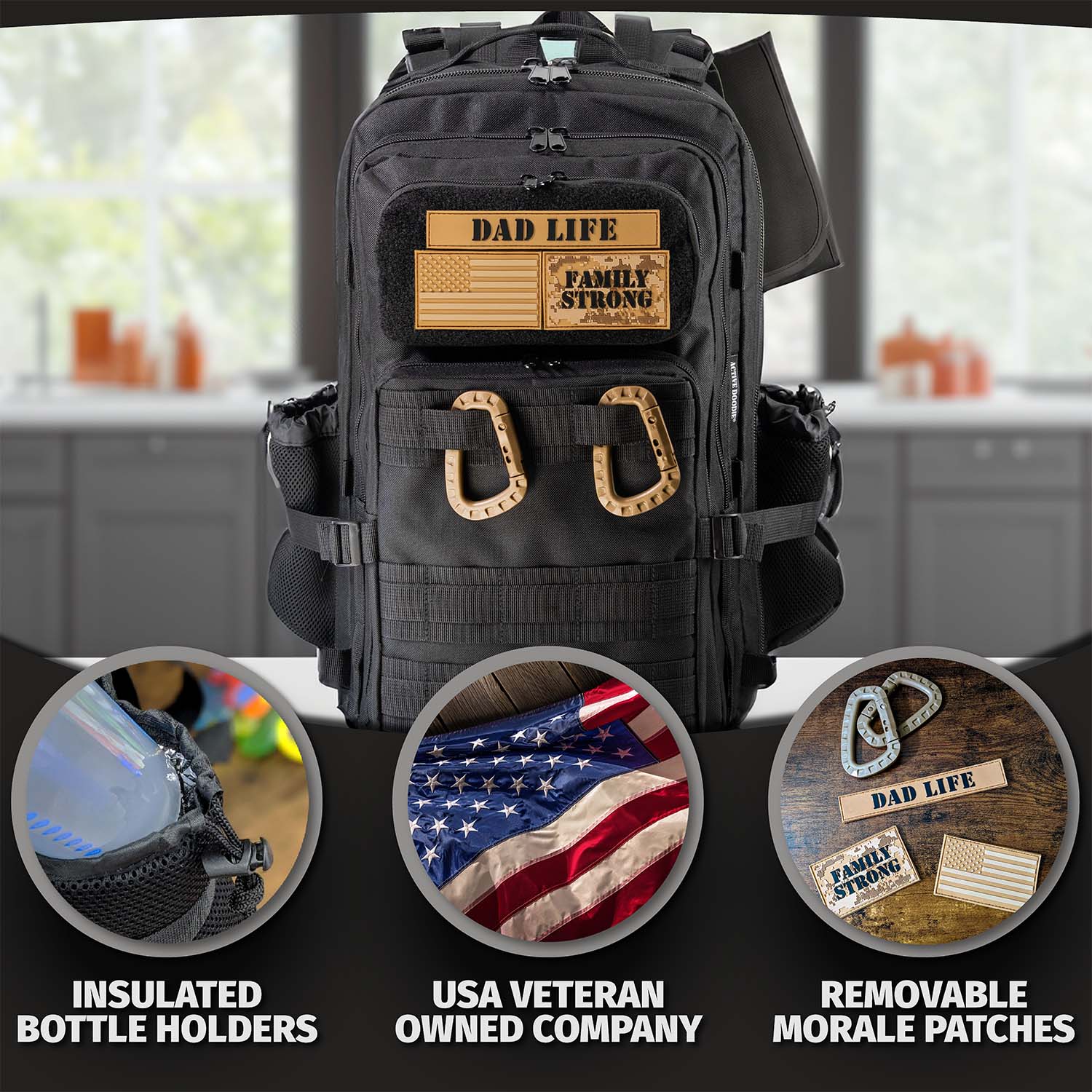 Active Doodie® JUG.30L Dad Diaper Bag Backpack with Tan D-Rings and Dad Life Patches - Black