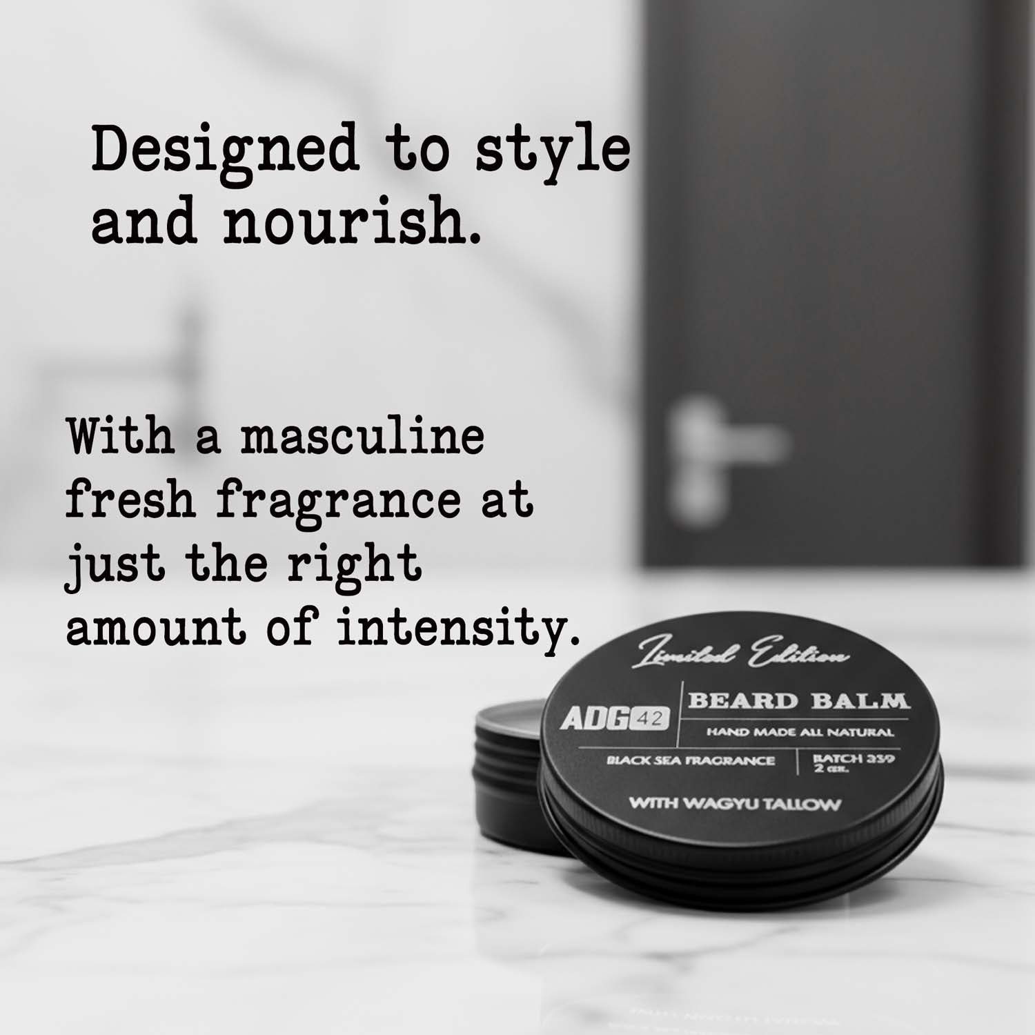Beard balm container with text on a marble surface