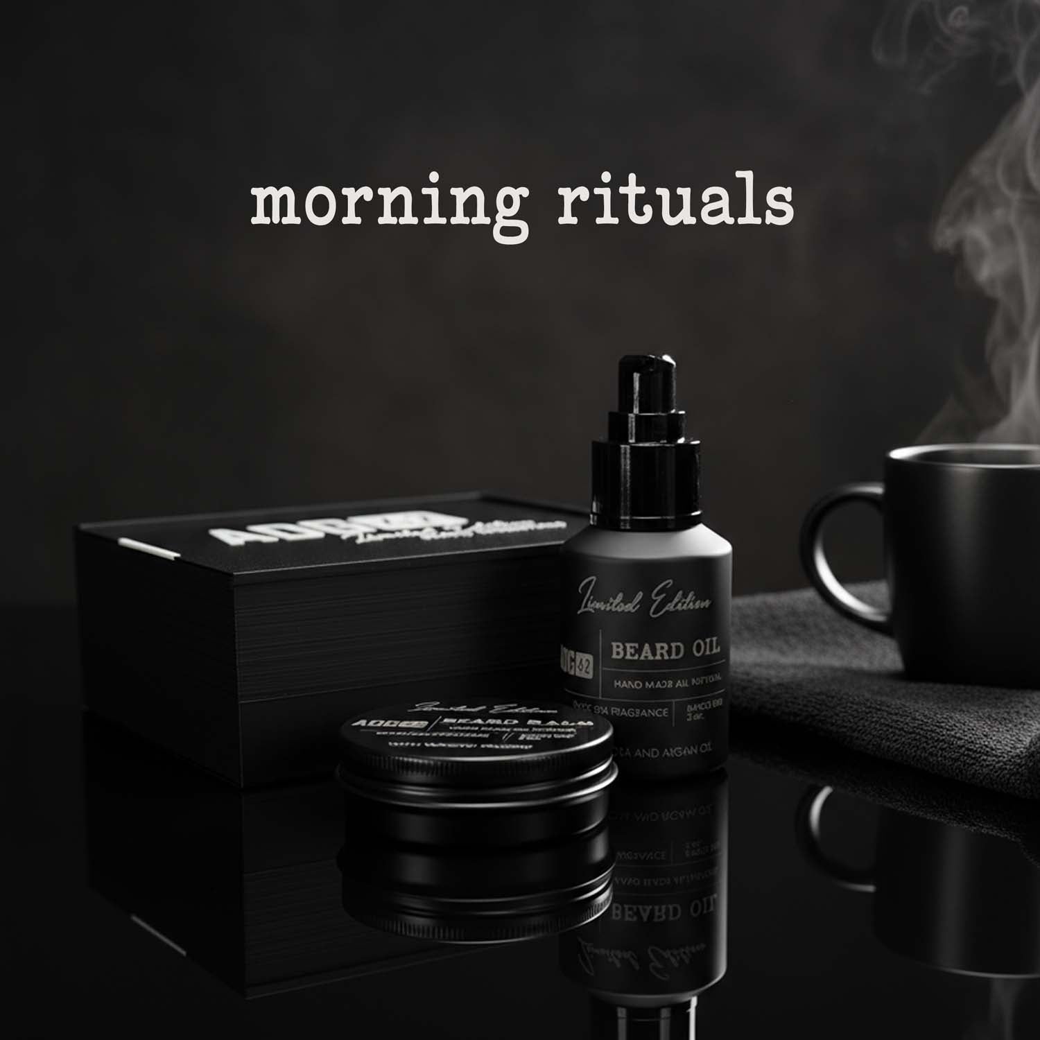 Beard oil bottle, box, and mug with 'morning rituals' text on a dark background