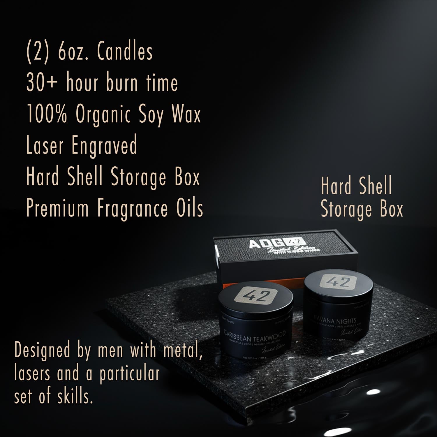Two 6oz candles for men with a hard shell storage box on a dark surface, featuring text about product details.
