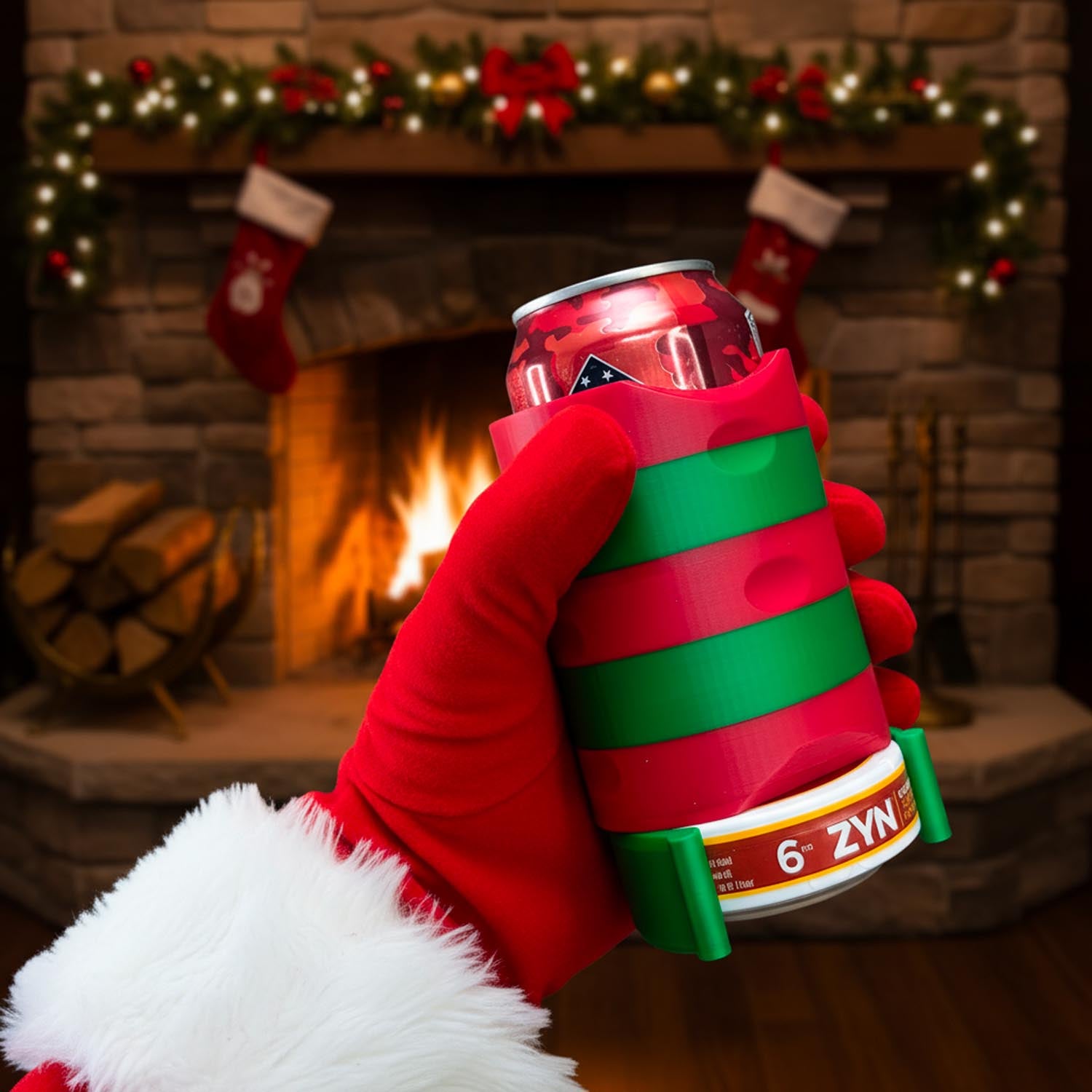 Hand wearing a red and green striped glove holding a can in front of a fireplace with Christmas stockings.
