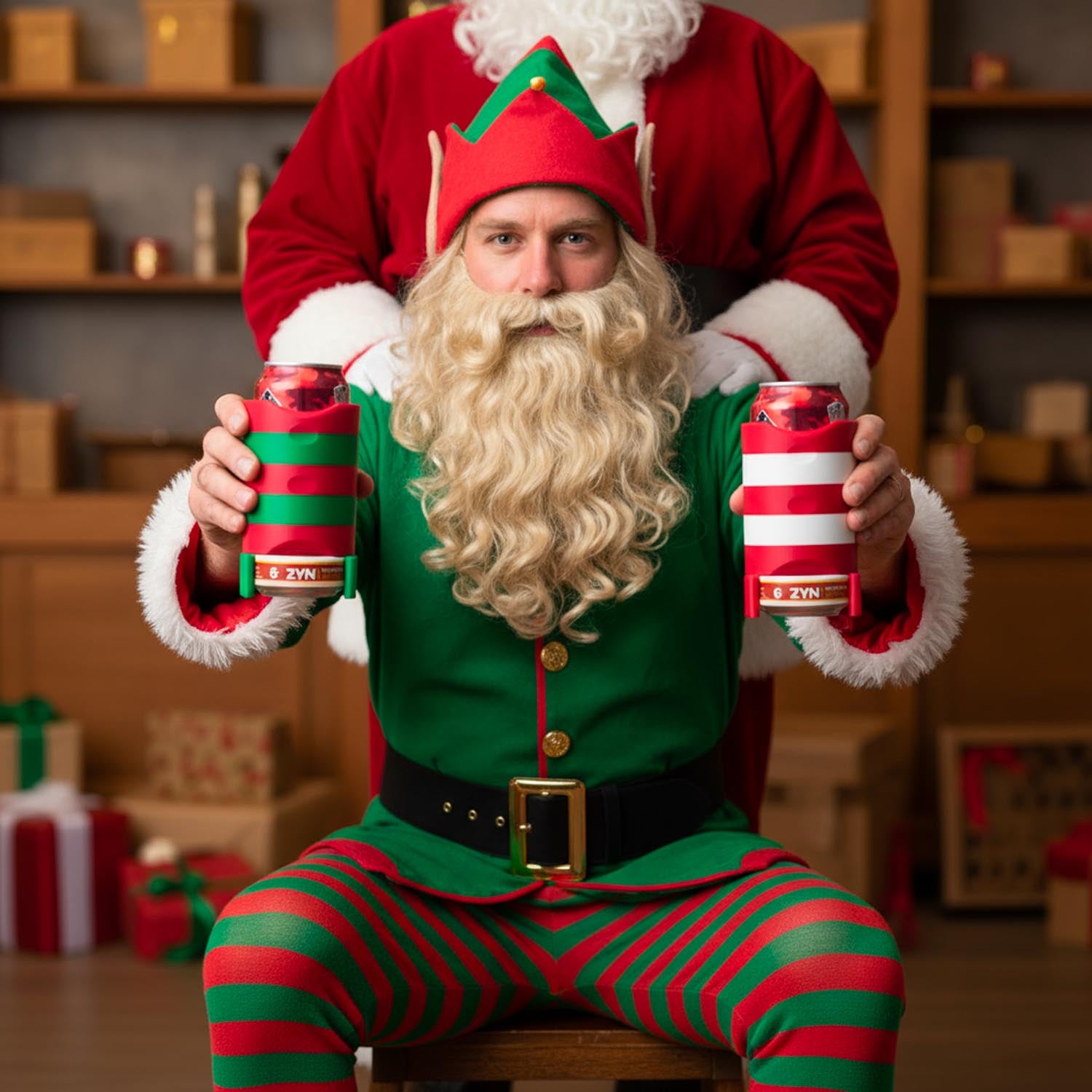Elf in a workshop holding two can coolers with Christmas-themed designs.