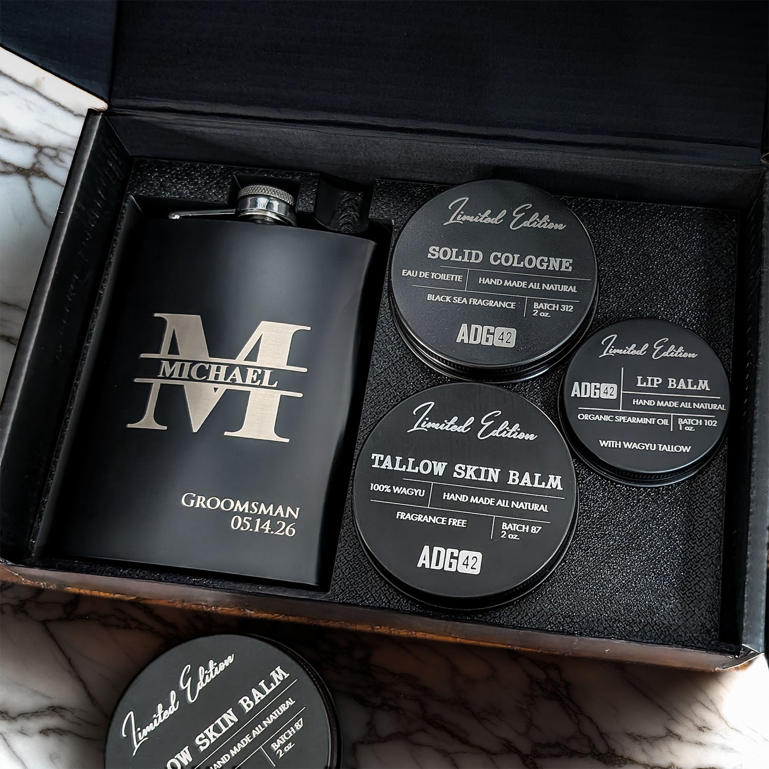 Groomsmen Gift Set | Flask and All Natural Balms | Engraved