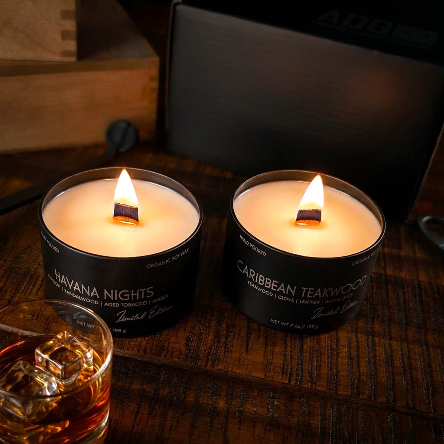 2 Wood Wick Candle Set for Men | Masculine Scent | Gift Box