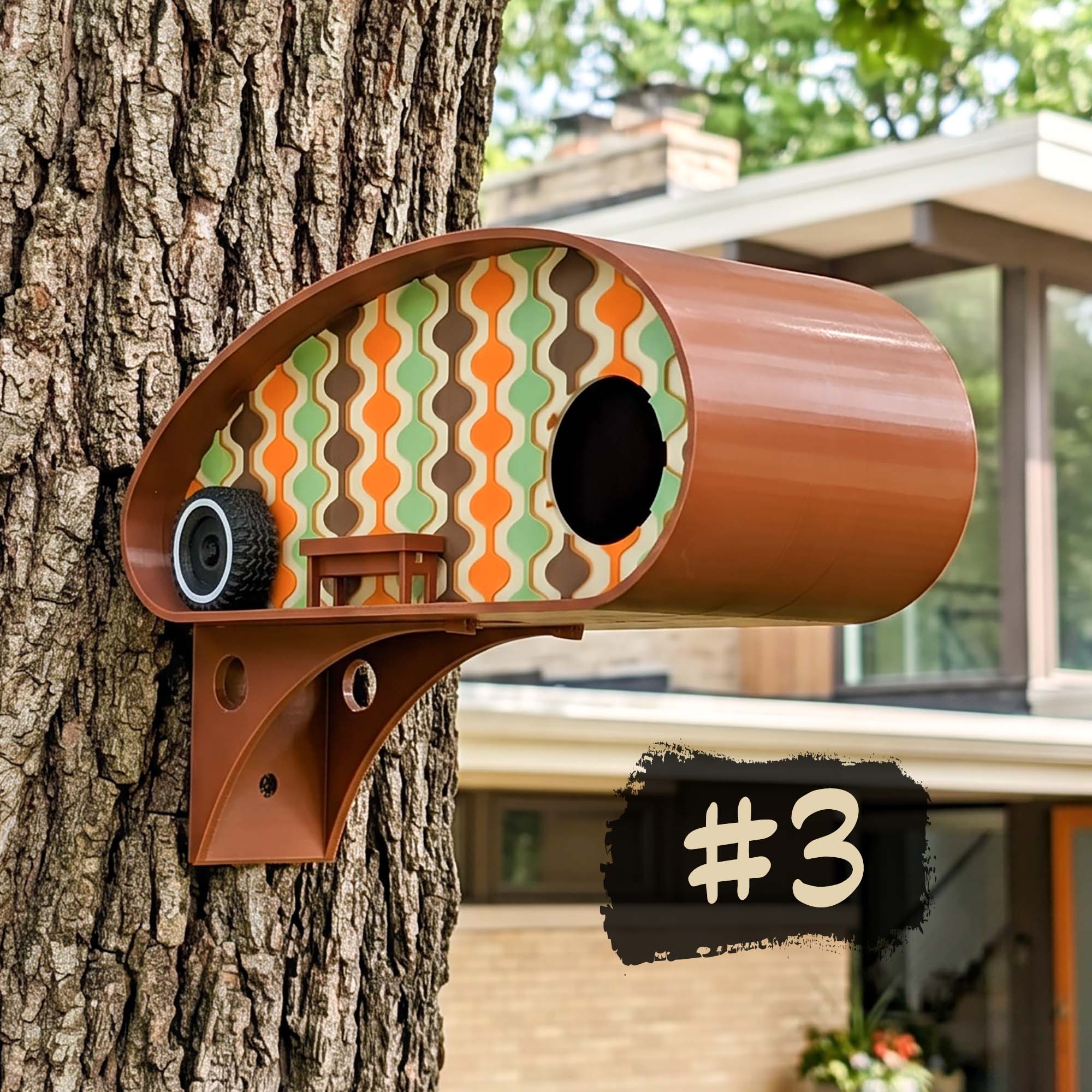 A mid century modern birdhouse mounted on a tree trunk.